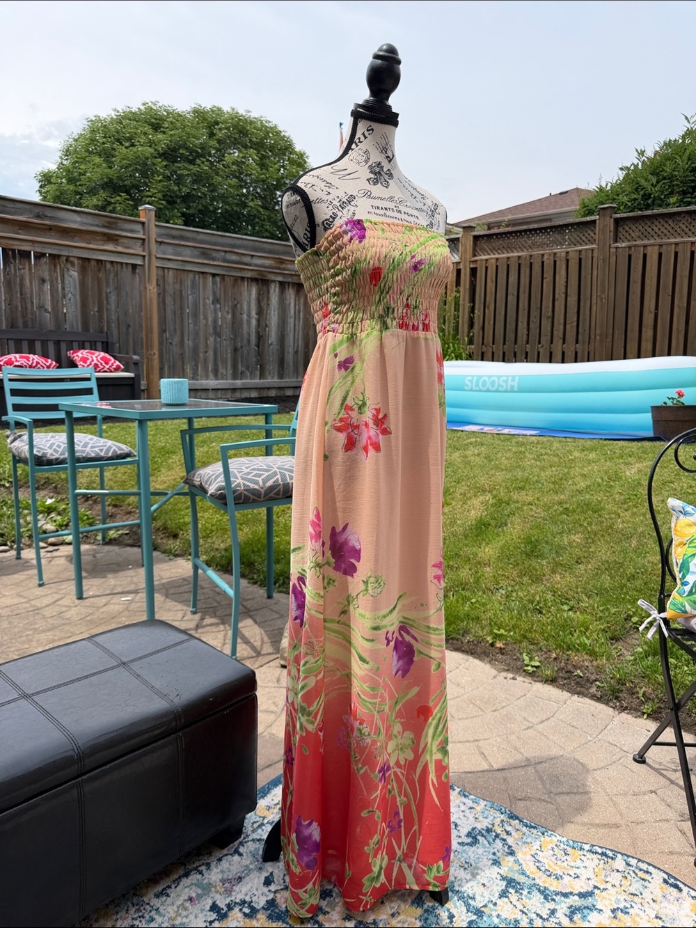Old Navy Peach Floral Strapless Maxi with Coral Hem Gradient
